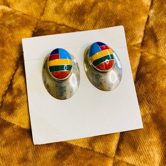 Sterling silver southwestern inlay stud earrings - Picture 2 of 8